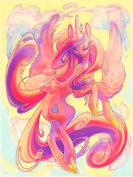 Size: 900x1200 | Tagged: safe, artist:fleebites, character:princess cadance, cloud, eyes closed, female, sky, solo, spread wings, wings