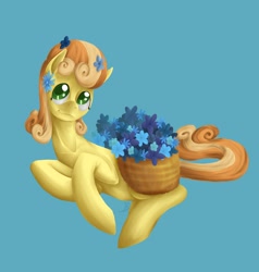 Size: 1656x1736 | Tagged: safe, artist:tzelly-el, character:junebug, species:earth pony, species:pony, basket, female, flower, flower in hair, mare, on side, smiling, solo