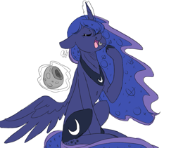 Size: 919x776 | Tagged: safe, artist:taligintou, character:princess luna, species:alicorn, species:pony, 30 minute art challenge, chopsticks, eating, female, food, magic, moon, simple background, solo, tangible heavenly object, white background