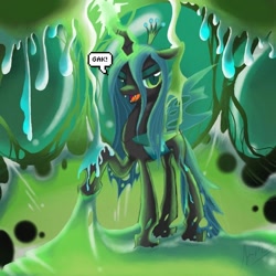 Size: 600x600 | Tagged: safe, artist:twintailsinc, edit, character:queen chrysalis, species:changeling, changeling queen, cocoon, dialogue, fangs, female, gak, lidded eyes, looking at you, magic, open mouth, raised hoof, slime, smiling, solo, speech bubble, standing