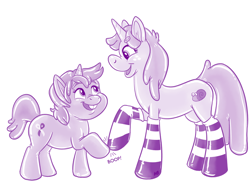 Size: 1088x800 | Tagged: safe, artist:hornbuckle, character:snails, character:snips, clothing, monochrome, rubber pony, rule 63, shiny, socks, spice, striped socks, sugar