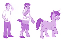 Size: 1280x788 | Tagged: safe, artist:hornbuckle, oc, oc only, species:human, species:pony, species:unicorn, clothing, commission, human to pony, male, monochrome, ripping clothes, simple background, solo, stallion, transformation, transformation sequence, white background