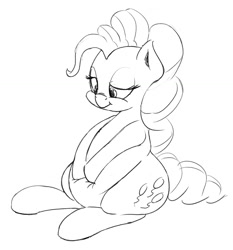 Size: 1401x1501 | Tagged: safe, artist:felsette, character:pinkie pie, species:pony, belly, fat, female, lidded eyes, looking down, monochrome, pudgy pie, sequence, simple background, sitting, solo, squishy, tumblr, weight gain, weight gain sequence, white background