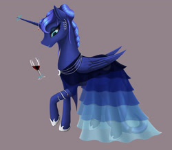 Size: 2400x2100 | Tagged: safe, artist:nalesia, character:princess luna, species:alicorn, species:pony, alcohol, alternate hairstyle, clothing, dress, female, glass, glowing horn, hoof shoes, horn jewelry, jewelry, magic, mare, simple background, socks, solo, telekinesis, thigh highs, wine, wine glass