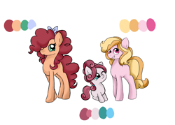Size: 4112x2952 | Tagged: safe, artist:mississippikite, oc, oc only, oc:cinnamon spice, oc:honey sweet, oc:strawberry cream, parent:cheese sandwich, parent:pinkie pie, parents:cheesepie, species:earth pony, species:pony, bow, color palette, female, filly, hair bow, offspring, simple background, sisters, white background