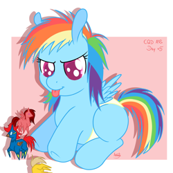Size: 1500x1500 | Tagged: safe, artist:akashasi, character:rainbow dash, species:pony, baby, baby pony, clothing, diaper, female, filly, filly rainbow dash, foal, goggles, playing, sitting, solo, tongue out, toy, wonderbolts, younger