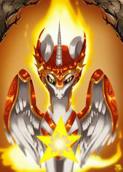 Size: 1024x1420 | Tagged: safe, artist:xaneas, character:daybreaker, character:princess celestia, species:alicorn, species:pony, antagonist, armor, female, horn, mare, slit eyes, solo, stars, sun, wings