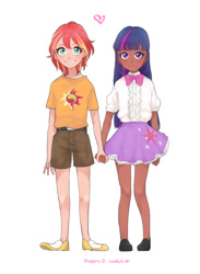 Size: 768x1048 | Tagged: safe, artist:extraluna, character:sunset shimmer, character:twilight sparkle, species:human, ship:sunsetsparkle, my little pony:equestria girls, alternate costumes, blushing, child, clothing, cute, dark skin, female, holding hands, humanized, lesbian, shimmerbetes, shipping, shorts, simple background, skirt, twiabetes, white background, younger