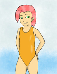 Size: 948x1213 | Tagged: safe, artist:zekromlover, character:babs seed, beach, clothing, humanized, one-piece swimsuit, swimsuit