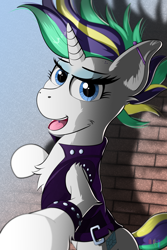 Size: 3000x4500 | Tagged: safe, artist:raptorpwn3, character:rarity, species:pony, species:unicorn, episode:it isn't the mane thing about you, g4, my little pony: friendship is magic, absurd resolution, alternate hairstyle, bracelet, brick wall, clothing, ear piercing, eyeshadow, female, industrial piercing, jacket, jewelry, makeup, piercing, punk, punkity, solo, tongue piercing, wall