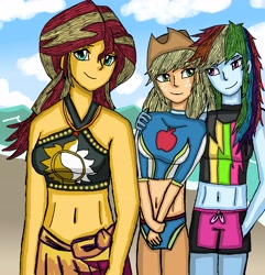 Size: 6500x6738 | Tagged: safe, artist:takrontoxicity, character:applejack, character:rainbow dash, character:sunset shimmer, equestria girls:forgotten friendship, g4, my little pony: equestria girls, my little pony:equestria girls, absurd resolution, belly button, board shorts, clothing, midriff, swimsuit