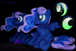 Size: 1024x683 | Tagged: safe, artist:kiashone, character:princess luna, species:alicorn, species:pony, female, filly, filly luna, irl, missing accessory, photo, plushie, sitting, solo, spread wings, wings, younger