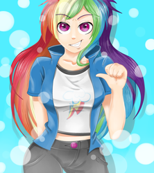 Size: 400x450 | Tagged: safe, artist:mlpdarksparx, character:rainbow dash, my little pony:equestria girls, clothing, female, grin, human coloration, looking at you, midriff, multicolored hair, pants, shirt, short shirt, smiling, solo