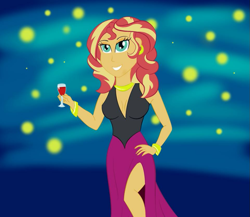 Size: 901x782 | Tagged: safe, artist:xethshade, character:sunset shimmer, my little pony:equestria girls, 2018, alcohol, bracelet, breasts, clothing, dress, ear piercing, earring, female, firefly, glass, grin, happy new year, happy new year 2018, holiday, jewelry, necklace, new year, night, piercing, smiling, solo, wine