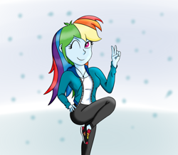 Size: 1500x1306 | Tagged: safe, artist:xethshade, character:rainbow dash, my little pony:equestria girls, clothing, earbuds, female, hand on hip, jacket, jogging, one eye closed, pants, peace sign, shoes, smiling, sneakers, snow, solo, sweatpants, wink