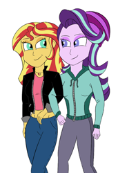 Size: 586x855 | Tagged: safe, artist:xethshade, character:starlight glimmer, character:sunset shimmer, ship:shimmerglimmer, equestria girls:mirror magic, g4, my little pony: equestria girls, my little pony:equestria girls, spoiler:eqg specials, beanie, clothing, coat, duo, female, hat, jacket, jeans, jewelry, leather jacket, lesbian, midriff, necklace, pants, shipping, simple background, white background