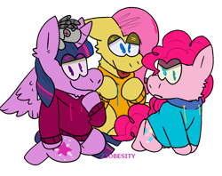 Size: 1024x809 | Tagged: safe, artist:pony-puke, character:fluttershy, character:pinkie pie, character:smarty pants, character:twilight sparkle, character:twilight sparkle (alicorn), species:alicorn, species:pony, clothing, simple background, sweater, transparent background