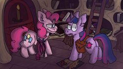 Size: 1024x575 | Tagged: safe, artist:pony-puke, character:pinkie pie, character:twilight sparkle, species:pony, book, duo, female, golden oaks library, mare, rainbow dash presents, saddle bag, scene interpretation