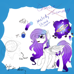 Size: 1000x1000 | Tagged: safe, artist:royalwolf1111, oc, oc only, oc:cosmic harmony, oc:melody shard, species:pegasus, species:pony, cutie mark, ear fluff, female, gem, gradient hair, mare, purple eyes, reference, reference sheet, wings