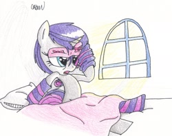 Size: 1950x1541 | Tagged: safe, artist:ethereal-desired, character:rarity, species:pony, species:unicorn, bed, clothing, female, mare, morning ponies, open mouth, sleep mask, socks, solo, striped socks, traditional art, window
