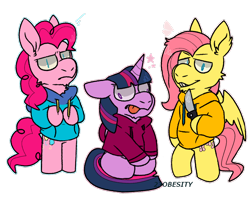 Size: 1024x809 | Tagged: safe, artist:pony-puke, character:fluttershy, character:pinkie pie, character:twilight sparkle, character:twilight sparkle (alicorn), species:alicorn, species:pony, bipedal, clothing, derp, hoodie, knife, simple background, sweater, tongue out, transparent background