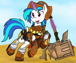 Size: 1899x1580 | Tagged: safe, artist:xphil1998, character:dj pon-3, character:vinyl scratch, armor, crossover, desert, female, hammer, monster hunter, solo, weapon