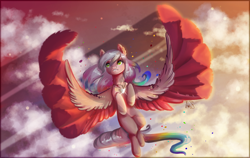 Size: 1900x1200 | Tagged: safe, artist:alina-sherl, oc, oc only, species:pegasus, species:pony, g4, big wings, cloud, colored wings, female, flying, gradient hair, mare, multicolored hair, multicolored wings, pegasus oc, signature, sky, solo, spread wings, two toned wings, wings