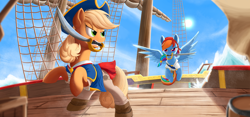 Size: 3000x1400 | Tagged: safe, artist:j24262756, character:applejack, character:rainbow dash, my little pony: the movie (2017), airship, barrel, boat, clothing, cloud, cutlass, hat, mouth hold, pirate, pirate costume, rope, sky, sword, weapon