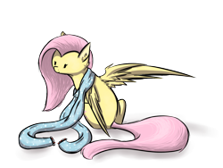 Size: 1200x900 | Tagged: safe, artist:nos-talgia, character:fluttershy, clothing, female, fluffy, looking back, scarf, simple background, sitting, smiling, solo, spread wings, transparent background, wings