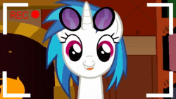 Size: 1280x720 | Tagged: safe, artist:shadesofeverfree, character:dj pon-3, character:vinyl scratch, species:pony, 2013, animated, camera shot, female, glasses, glasses off, grin, looking at you, recording, smiling, solo, sound, talking, twilightlicious, webm, youtube link