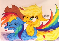 Size: 1440x1022 | Tagged: safe, artist:lunarcipher1, character:applejack, character:rainbow dash, species:earth pony, species:pegasus, species:pony, ship:appledash, accessory swap, blushing, colored pencil drawing, colored pupils, colored sketch, cute, ear bite, female, floppy ears, heart, lesbian, love, prone, shipping, signed, sketch, smiling, teasing, traditional art, watercolor painting