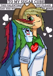 Size: 5000x7190 | Tagged: safe, artist:takrontoxicity, character:applejack, character:rainbow dash, ship:appledash, my little pony:equestria girls, absurd resolution, blushing, clothing, cowboy hat, cute, female, hat, heart, holiday, lesbian, multicolored hair, shipping, shirt, smiling, stetson, valentine's day