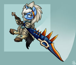 Size: 1200x1024 | Tagged: source needed, safe, artist:sabrib, oc, oc:tinker doo, species:pony, species:unicorn, clothing, cosplay, costume, glasses, male, monster hunter, solo, weapon