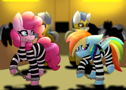 Size: 1396x1000 | Tagged: safe, artist:king-justin, character:pinkie pie, character:rainbow dash, bound wings, clothing, courtroom, cuffs, grin, nervous, nervous grin, never doubt rainbowdash69's involvement, prison outfit, prison stripes, prisoner, prisoner pp, prisoner rd, restraints, royal guard, sad, shackles, smiling