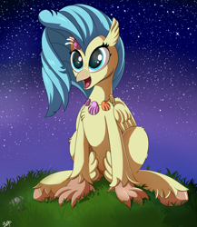 Size: 2600x3000 | Tagged: safe, artist:orangejuicerus, character:princess skystar, species:classical hippogriff, species:hippogriff, g4, my little pony: the movie (2017), cute, happy, jewelry, necklace, night, open mouth, seashell necklace, sky, skyabetes, stargazing, stars