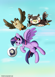 Size: 1024x1449 | Tagged: safe, artist:pyropk, character:owlowiscious, character:twilight sparkle, character:twilight sparkle (alicorn), species:alicorn, species:owl, species:pony, animal crossing, blathers, crossover, cute, flying, fossil, pet