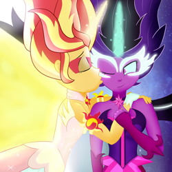 Size: 1500x1500 | Tagged: safe, artist:xethshade, character:daydream shimmer, character:midnight sparkle, character:sunset shimmer, character:twilight sparkle, character:twilight sparkle (scitwi), species:eqg human, ship:midnightdaydream, ship:scitwishimmer, ship:sunsetsparkle, equestria girls:friendship games, g4, my little pony: equestria girls, my little pony:equestria girls, daydream shimmer, eyes closed, female, kiss on the cheek, kissing, lesbian, midnight sparkle, one eye closed, shipping, smiling