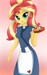 Size: 700x1100 | Tagged: safe, artist:fotasy, character:sunset shimmer, episode:good vibes, eqg summertime shorts, g4, my little pony: equestria girls, my little pony:equestria girls, apron, clothing, cute, female, food, happi, holiday, looking at you, open mouth, shimmerbetes, smiling, solo, sunset sushi, sushi, uniform, valentine's day