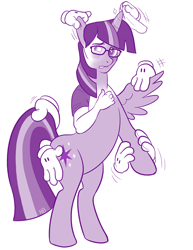 Size: 800x1035 | Tagged: safe, artist:hornbuckle, character:twilight sparkle, character:twilight sparkle (alicorn), species:alicorn, species:pony, bipedal, blushing, butt touch, clothing, disembodied hand, ear pull, glasses, gloves, grope, group grope, hand, hand on butt, handkerchief, human to pony, lip bite, male to female, monochrome, polishing, pulling, rubbing, rule 63, simple background, solo, stroking, tail, tail pull, transformation, transgender transformation, white background