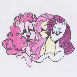 Size: 948x948 | Tagged: safe, artist:draw1709, character:fluttershy, character:pinkie pie, character:rarity, species:pony, ship:raripie, ship:rarishy, female, flaripie, lesbian, polyamory, shipping, traditional art