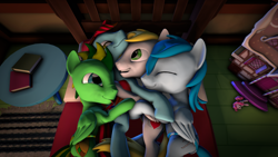 Size: 3840x2160 | Tagged: safe, artist:fiopon, character:pinkie pie, oc, oc:angel rose, oc:fiopon, oc:shiver soft, oc:taco.m.tacoson, 3d, bed, book, clothing, fiery wings, gay, group, group snuggles, male, night, panties, snuggling, source filmmaker, sugarcube corner, toy, underwear