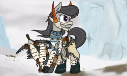 Size: 2560x1536 | Tagged: safe, artist:xphil1998, character:octavia melody, armor, bowgun, crossover, female, ice, monster hunter, snow, solo, tundra, weapon