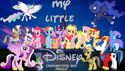Size: 6161x3509 | Tagged: safe, artist:favoriteartman, character:apple bloom, character:applejack, character:daring do, character:fluttershy, character:pinkie pie, character:princess cadance, character:princess celestia, character:princess luna, character:rainbow dash, character:rarity, character:scootaloo, character:shining armor, character:spike, character:sunset shimmer, character:sweetie belle, character:trixie, character:twilight sparkle, character:twilight sparkle (alicorn), character:zecora, species:alicorn, species:dragon, species:earth pony, species:pegasus, species:pony, species:unicorn, species:zebra, castle, crossover, cutie mark, disney, hugpony poses