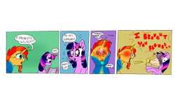 Size: 1024x640 | Tagged: safe, artist:doodletheexpoodle, character:sunburst, character:twilight sparkle, character:twilight sparkle (alicorn), species:alicorn, species:pony, ship:twiburst, an attempt was made, blushing, book, comic, dork, female, male, shipping, straight, sweat