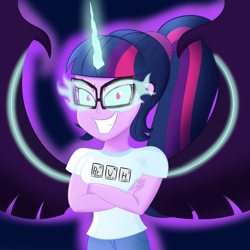 Size: 1500x1500 | Tagged: safe, artist:xethshade, character:midnight sparkle, character:twilight sparkle, character:twilight sparkle (scitwi), species:eqg human, my little pony:equestria girls, bromine, bruh, clothing, corrupted, crossed arms, elements, evil, female, grin, hydrogen, looking at you, midnight sparkle, periodic table, possessed, smiling, solo, uranium, wings