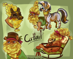 Size: 900x736 | Tagged: safe, artist:gloriaus, character:cattail, character:zecora, species:earth pony, species:pony, species:zebra, cat, duo, rocking chair, watermark