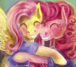 Size: 955x836 | Tagged: safe, artist:gloriaus, character:fluttershy, character:pinkie pie, ship:flutterpie, female, hug, lesbian, shipping, watermark