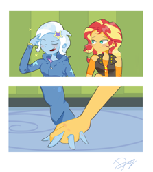 Size: 4897x5485 | Tagged: safe, artist:noahther, character:sunset shimmer, character:trixie, ship:suntrix, my little pony:equestria girls, absurd resolution, clothing, female, holding hands, lesbian, shipping, smiling