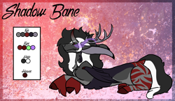 Size: 2232x1296 | Tagged: safe, artist:thebigearredbat, oc, oc only, oc:shadow bane, parent:discord, parent:king sombra, parents:sombracord, species:draconequus, antlers, cloven hooves, color palette, curved horn, draconequus oc, interspecies offspring, long ears, magical gay spawn, male, offspring, solo, sombra eyes, unshorn fetlocks