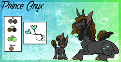 Size: 2522x1296 | Tagged: safe, artist:thebigearredbat, oc, oc only, oc:prince onyx, parent:cheese sandwich, parent:king sombra, parents:cheesombra, species:classical unicorn, species:pony, species:unicorn, big ears, cloven hooves, colt, leonine tail, magical gay spawn, male, offspring, reference sheet, solo, stallion, tongue out, unshorn fetlocks
